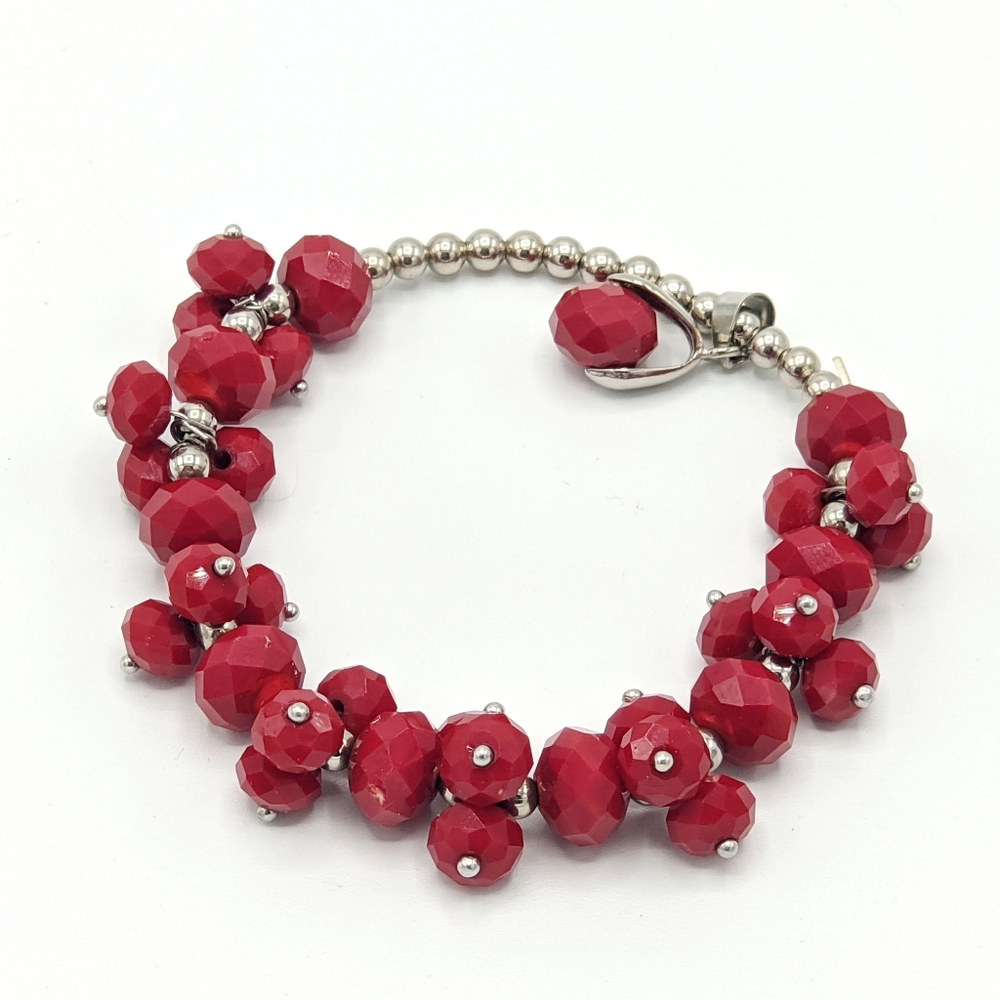 Beaded Red Glass Bracelet Stretchy Faceted